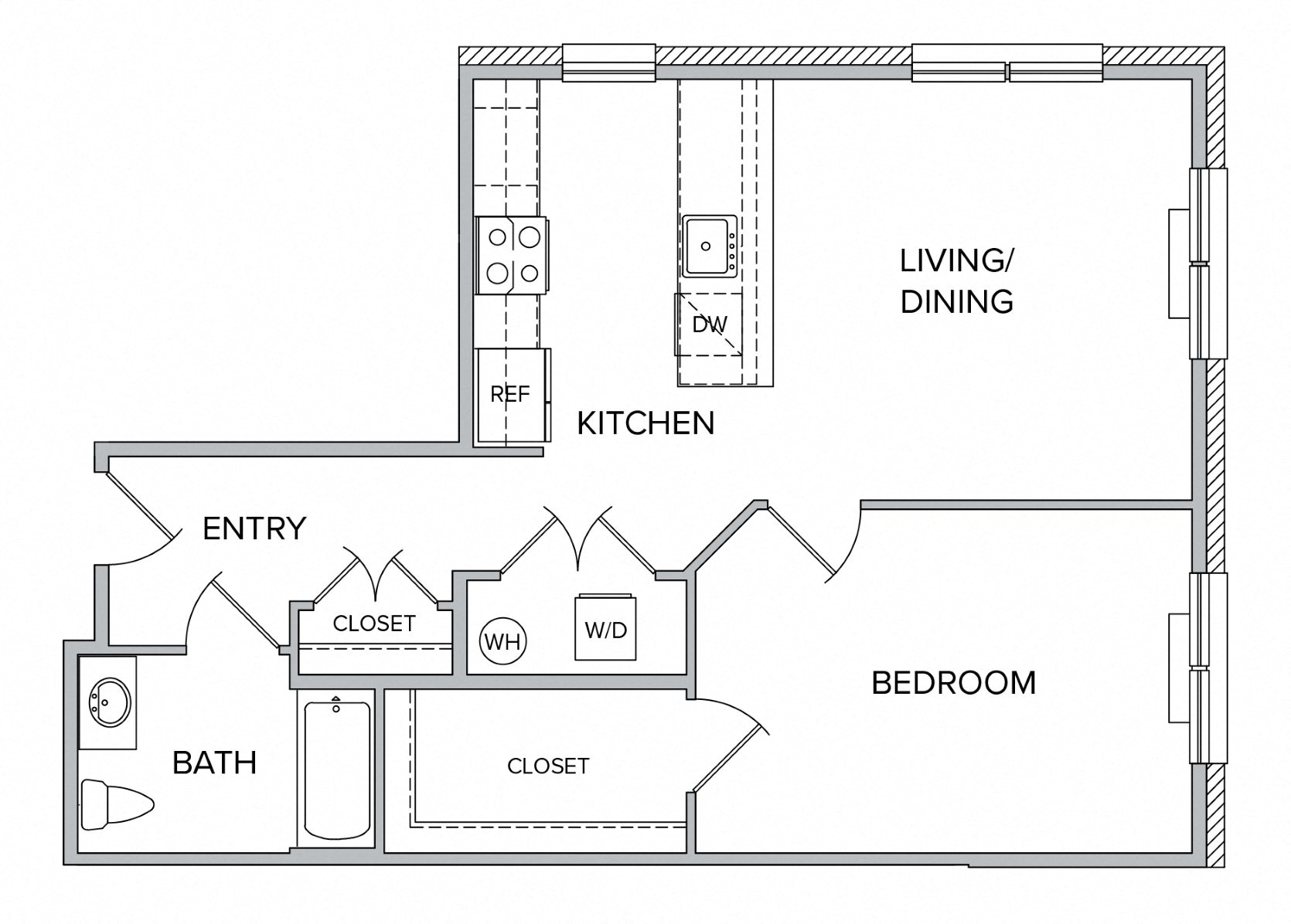 Floor plan for 1 bed, 1 bath, 819 sqft